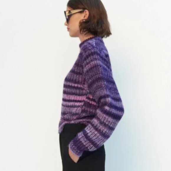 Stylish Zara Purple Striped Chunky Knit Mock Neck Pullover Sweater Size L - Picture 3 of 10